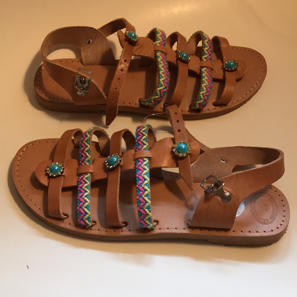 Greek Made Leather Sandals - flat - turquoise